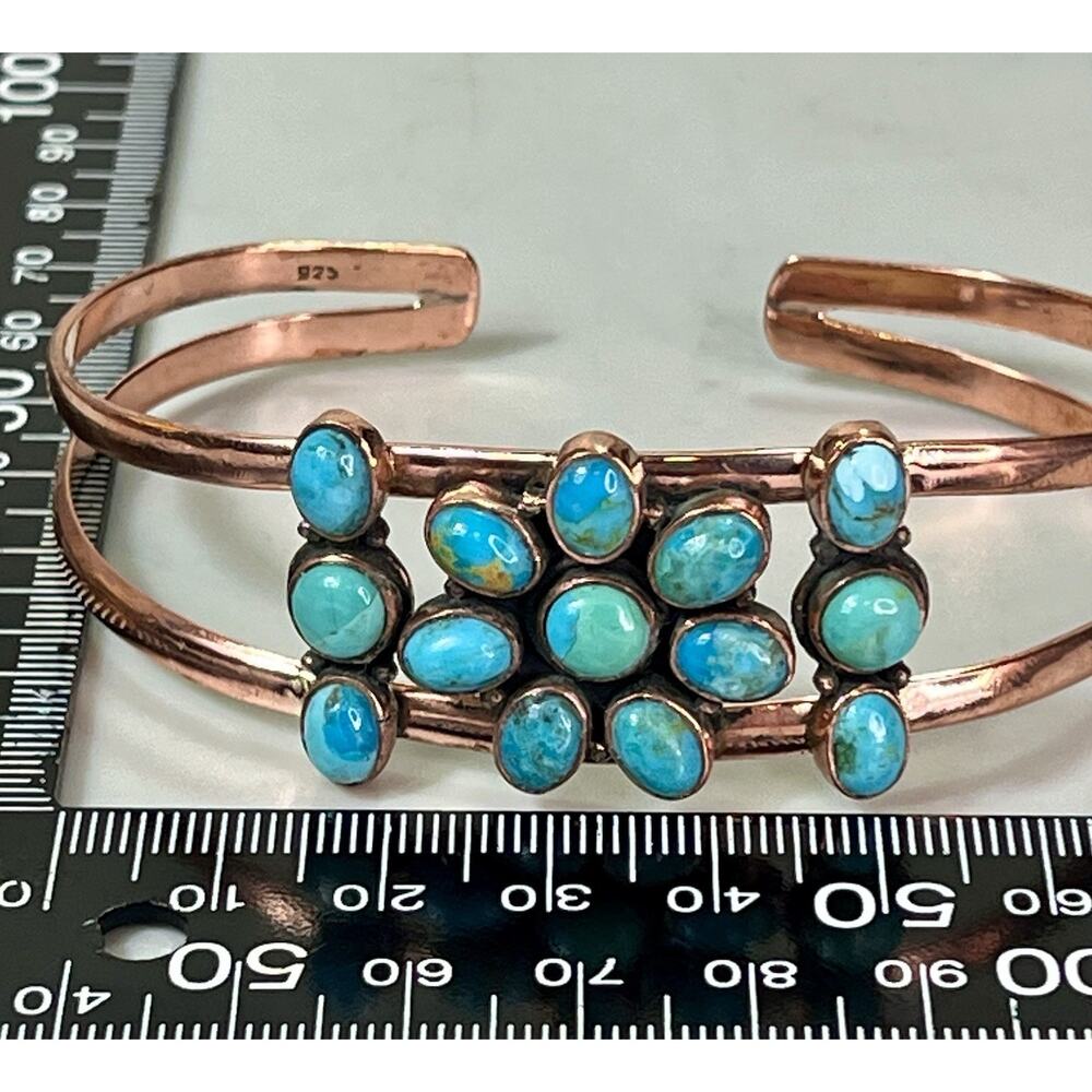 Southwestern Copper Kingman Turquoise Cluster Cuff Bracelet Handmade Statement - Picture 12 of 14